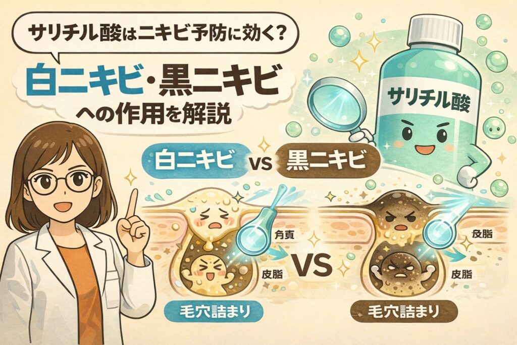 サリチル酸が白ニキビと黒ニキビにどう作用するかを解説したイラスト。白衣を着た女性が指差しで説明し、毛穴断面図を使って角質と皮脂による毛穴詰まりの違いを比較。サリチル酸の角質ケア作用によるニキビ予防の仕組みを視覚的に示している。