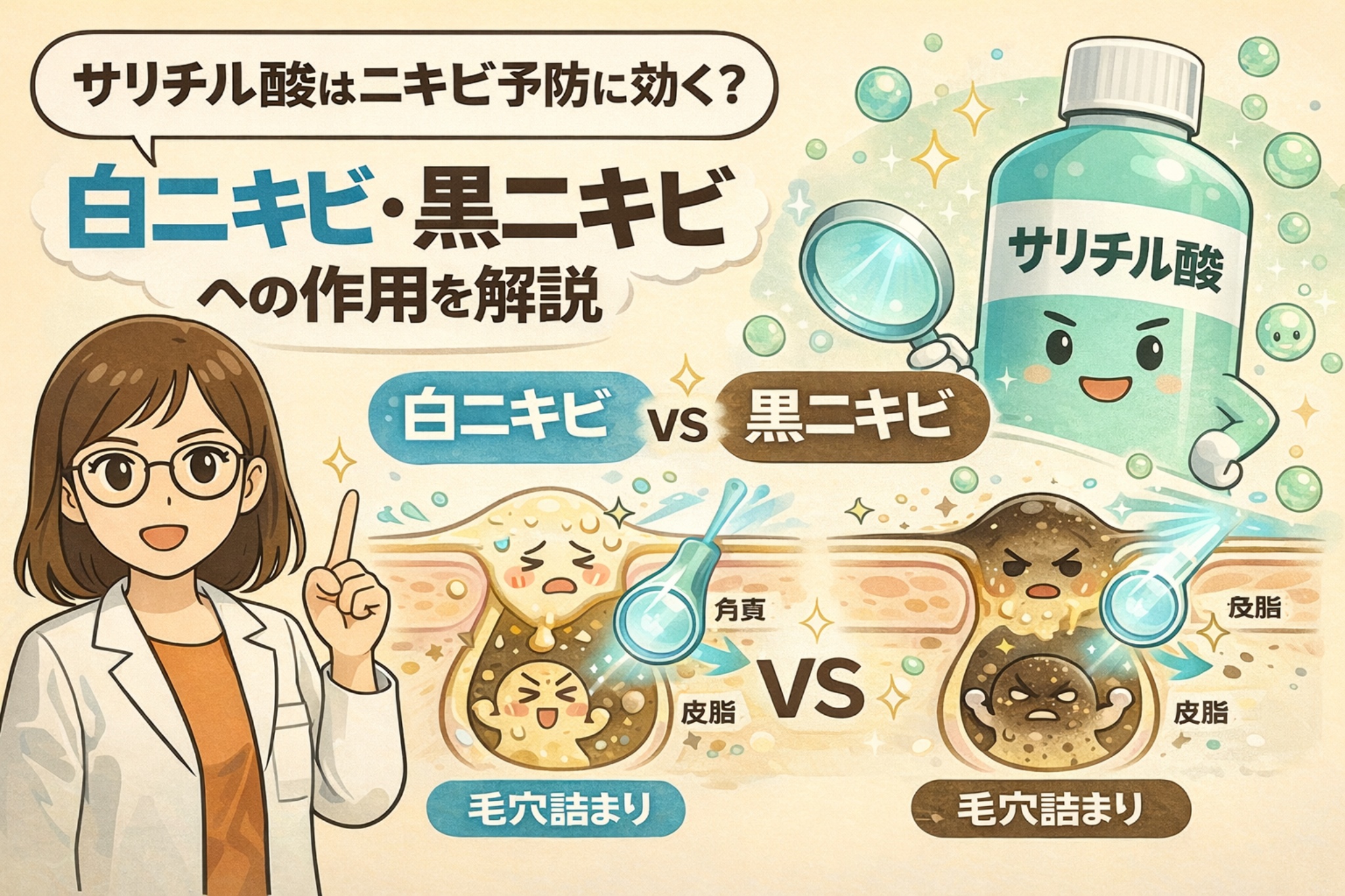 サリチル酸が白ニキビと黒ニキビにどう作用するかを解説したイラスト。白衣を着た女性が指差しで説明し、毛穴断面図を使って角質と皮脂による毛穴詰まりの違いを比較。サリチル酸の角質ケア作用によるニキビ予防の仕組みを視覚的に示している。