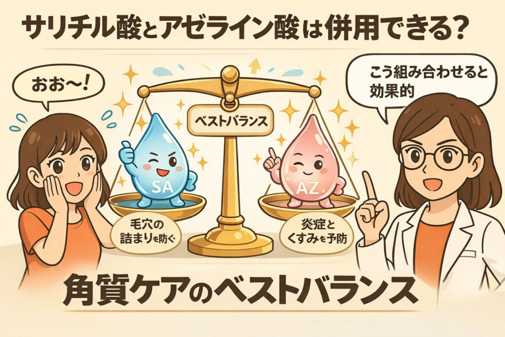 サリチル酸とアゼライン酸は併用できるのかを、天秤でバランスを取る擬人化成分キャラクターで解説したイラスト。毛穴の詰まり予防に役立つサリチル酸と、炎症やくすみを防ぐアゼライン酸を組み合わせた角質ケアの考え方を、専門家の解説付きでわかりやすく示している。