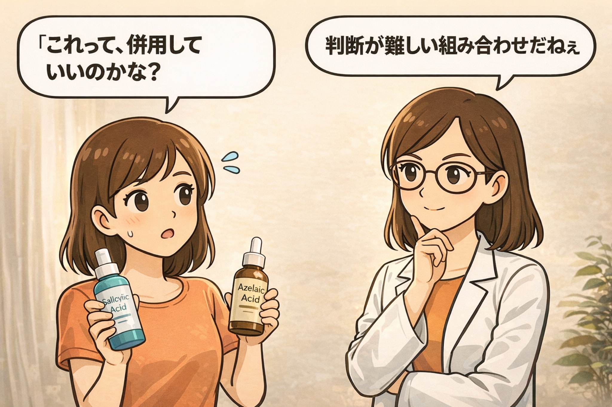 サリチル酸とアゼライン酸を併用してよいのか悩む女性が、それぞれの美容液ボトルを手に相談しているイラスト。白衣で眼鏡の女性が「判断が難しい組み合わせだね」と考える表情で向き合い、角質ケア成分同士の相性や刺激バランスを検討する導入用アイキャッチ構図。