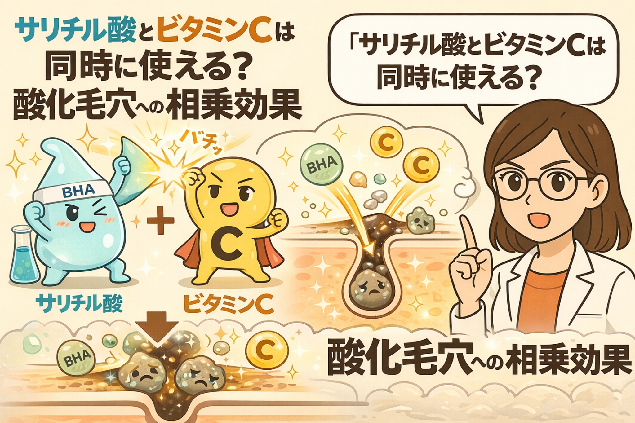 サリチル酸（BHA）とビタミンCを同時に使えるかを、酸化毛穴への相乗効果の視点で解説した図解イラスト。角質ケアに働くサリチル酸と抗酸化作用を持つビタミンCが、毛穴内の酸化皮脂や角栓にアプローチする考え方を、擬人化キャラクターと毛穴断面図でわかりやすく示している。