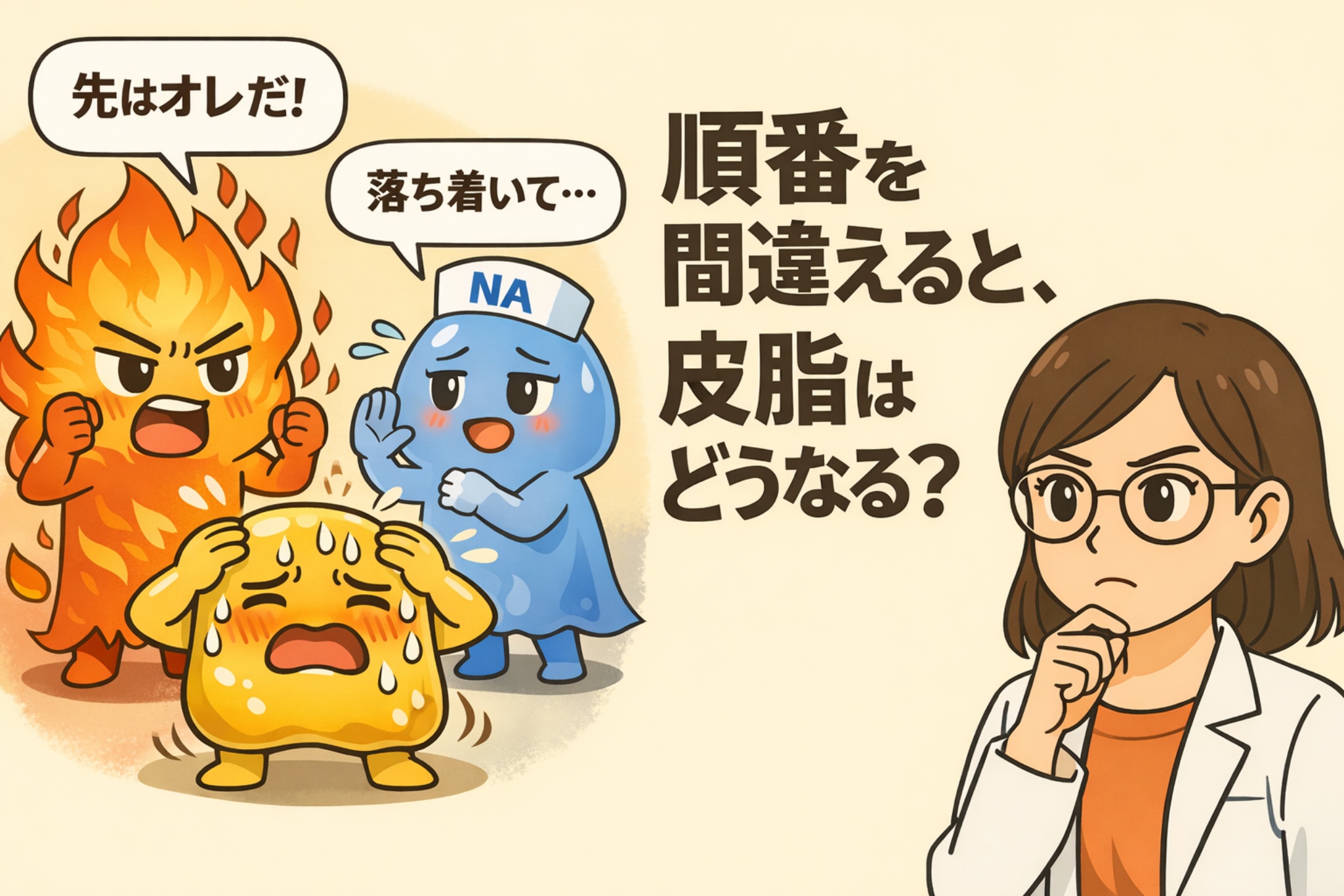 スキンケアの順番を間違えたときに皮脂がどうなるかを説明するイラスト。熱く暴走する成分キャラクターが「先はオレだ！」と主張し、皮脂のキャラクターが混乱して汗をかく一方、落ち着かせる成分（NA）が制止している。白衣の女性が考え込む表情で「順番を間違えると、皮脂はどうなる？」と問いかけ、皮脂分泌の乱れを示している構図。