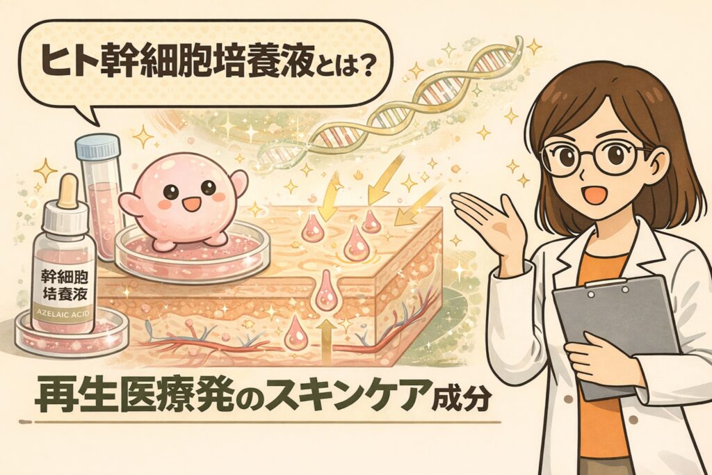 ヒト幹細胞培養液とは何かを解説した図解イラスト。再生医療由来のスキンケア成分として、培養液中の有用成分が肌に働く仕組みを、細胞・DNA・皮膚断面図とともに専門家が分かりやすく説明している。