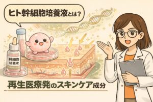 ヒト幹細胞培養液とは何かを解説した図解イラスト。再生医療由来のスキンケア成分として、培養液中の有用成分が肌に働く仕組みを、細胞・DNA・皮膚断面図とともに専門家が分かりやすく説明している。