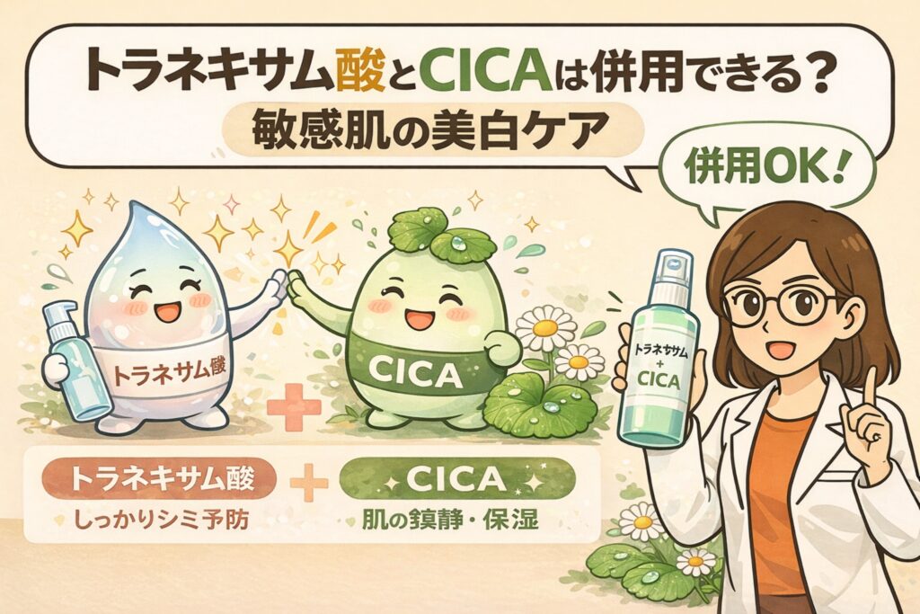 トラネキサム酸とCICAの併用が可能かを解説するイラスト。トラネキサム酸とCICAを擬人化したキャラクターが協力する様子と、白衣姿の女性が「併用OK」と説明する構図。トラネキサム酸はシミ予防、CICAは肌の鎮静・保湿を担い、敏感肌向けの美白ケアとして組み合わせの考え方を分かりやすく示している。