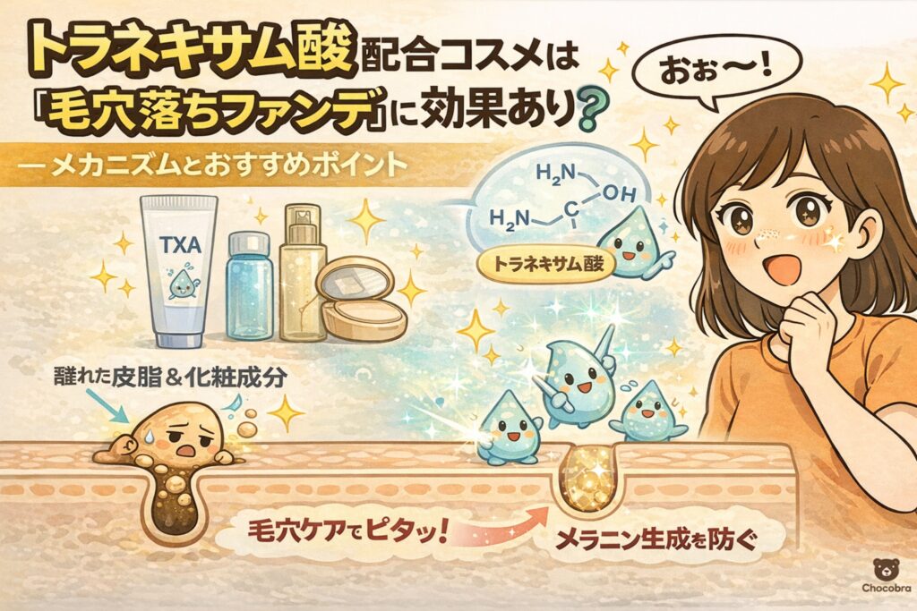 トラネキサム酸配合コスメが「毛穴落ちファンデ」に効果的かを解説するイラスト。トラネキサム酸の化学構造と擬人化キャラクターを用い、炎症抑制とメラニン生成抑制によって毛穴周囲の色ムラを防ぐ仕組みを表現。毛穴断面図で、ファンデが沈みにくくなるメカニズムとおすすめポイントを視覚的に示している。
