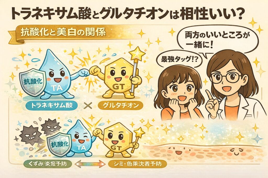 トラネキサム酸とグルタチオンの相性を解説したイラスト。抗酸化作用を持つトラネキサム酸と、美白・色素沈着予防に働くグルタチオンを擬人化キャラクターで表現し、くすみ・炎症予防とシミ対策を同時にサポートする関係性をわかりやすく示している。