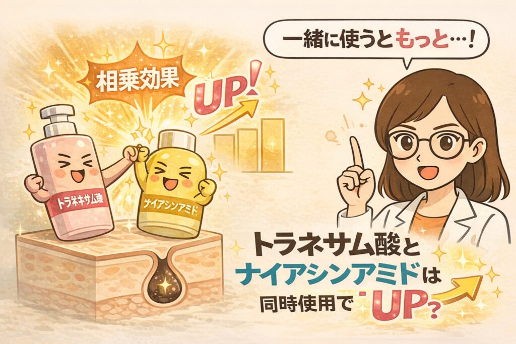 トラネキサム酸とナイアシンアミドを同時に使うことで相乗効果が高まることを解説した図解イラスト。2つの成分が協力して毛穴内部の状態を整え、肌の明るさやコンディションが向上する様子を、成分を擬人化したキャラクターとグラフで分かりやすく示している。