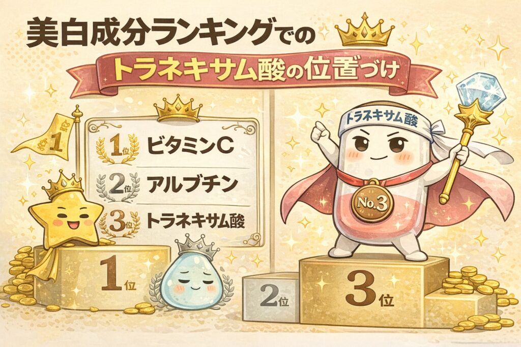 美白成分ランキングにおけるトラネキサム酸の位置づけを示したイラスト。1位ビタミンC、2位アルブチン、3位トラネキサム酸が表彰台で描かれ、トラネキサム酸の擬人化キャラクターが3位のメダルと王冠を身につけている。