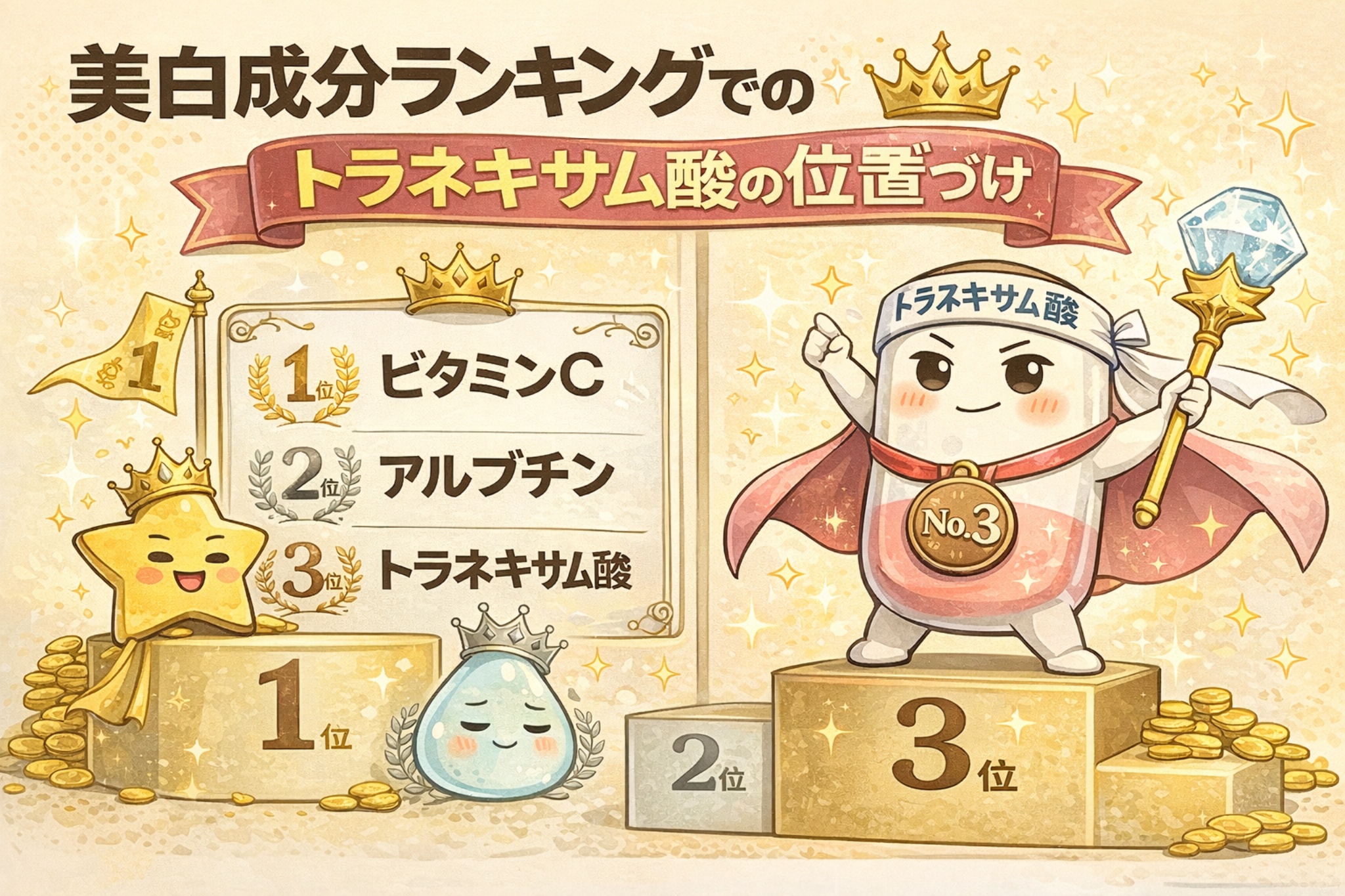 美白成分ランキングにおけるトラネキサム酸の位置づけを示したイラスト。1位ビタミンC、2位アルブチン、3位トラネキサム酸が表彰台で描かれ、トラネキサム酸の擬人化キャラクターが3位のメダルと王冠を身につけている。