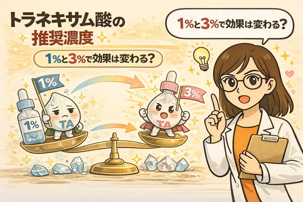 トラネキサム酸の推奨濃度について、1％と3％の違いを比較解説した図解イラスト。天秤に乗った擬人化トラネキサム酸キャラクターと美容液ボトルを用いて、濃度差による効果や刺激の考え方を白衣の女性が分かりやすく説明している。