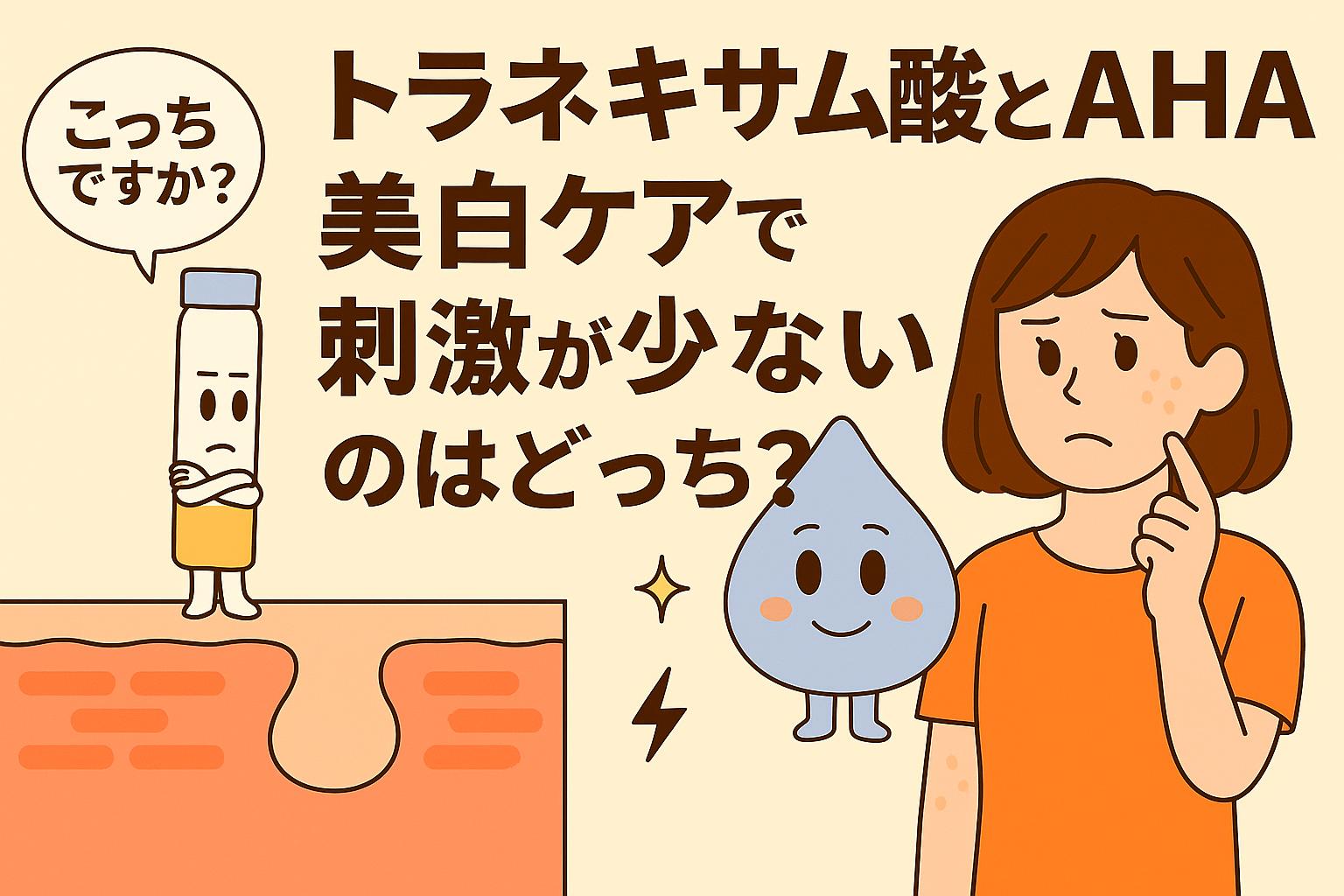 トラネキサム酸（白いボトル型キャラ）とAHA（水色のしずく型キャラ）が、美白ケアで刺激が少ないのはどちらかを女性が悩むシーンを描いたイラスト。毛穴断面図を背景に、比較を分かりやすく表現している。