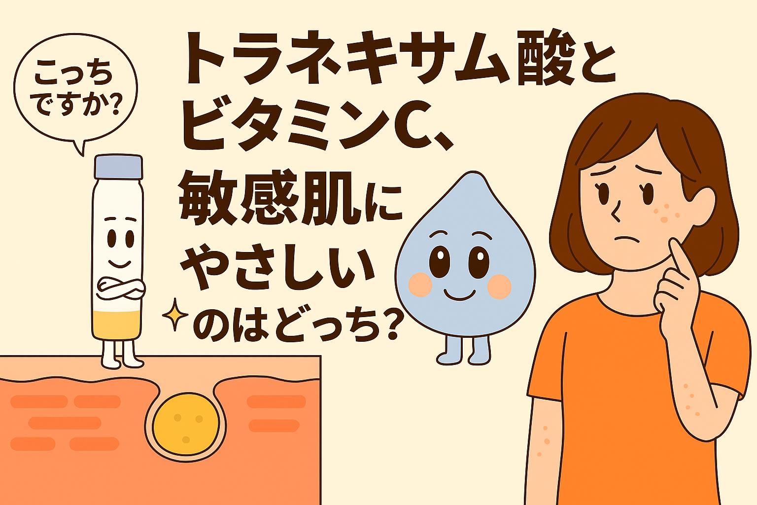 トラネキサム酸（白いボトル型キャラ）とビタミンC（黄色い丸キャラ）が、敏感肌にやさしいのはどちらかを女性が悩むシーンを描いたイラスト。毛穴断面図を背景に、2つの成分キャラが対比されている。