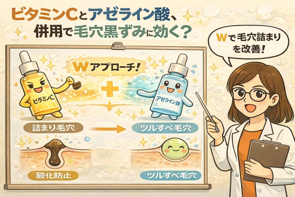 ビタミンCとアゼライン酸を併用することで毛穴黒ずみにアプローチする仕組みを解説したイラスト。擬人化されたビタミンCとアゼライン酸が協力する「Wアプローチ」を示し、詰まり毛穴が酸化を防がれてツルすべ毛穴へ改善していく過程を、毛穴断面図と白衣の女性による解説でわかりやすく表現している美容成分解説画像。