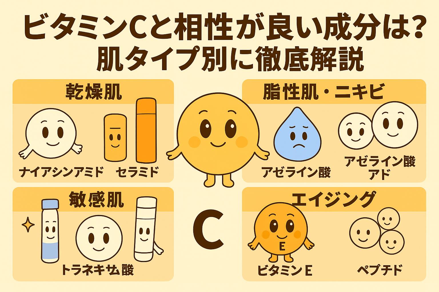 ビタミンCと相性が良い成分を肌タイプ別に紹介した日本語インフォグラフィック。乾燥肌＝ナイアシンアミド・セラミド、脂性肌・ニキビ＝アゼライン酸、敏感肌＝トラネキサム酸、エイジング＝ビタミンE・ペプチド。中央にビタミンCキャラクターが配置され、各成分キャラが四隅に描かれている。