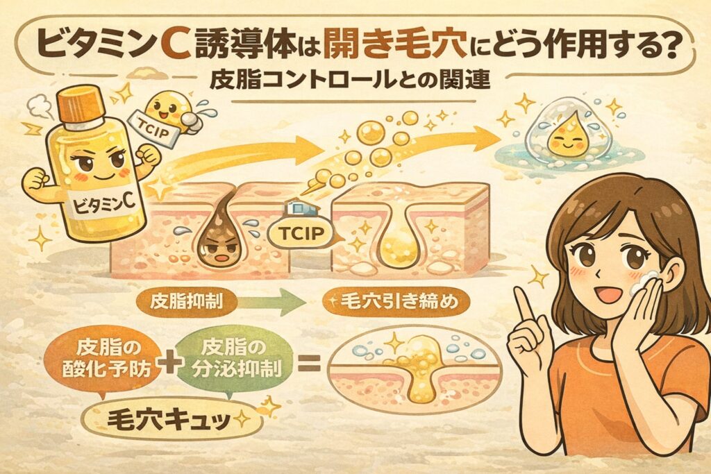 ビタミンC誘導体が開き毛穴にどう作用するかを解説する図解イラスト。TCIPと表記されたビタミンC誘導体が毛穴内部に働きかけ、皮脂の酸化予防と分泌抑制によって皮脂量をコントロールし、毛穴が引き締まっていく過程を断面図で表現。右側では白衣を着た女性キャラクターが指差しで皮脂コントロールと毛穴引き締めの関係を説明している。