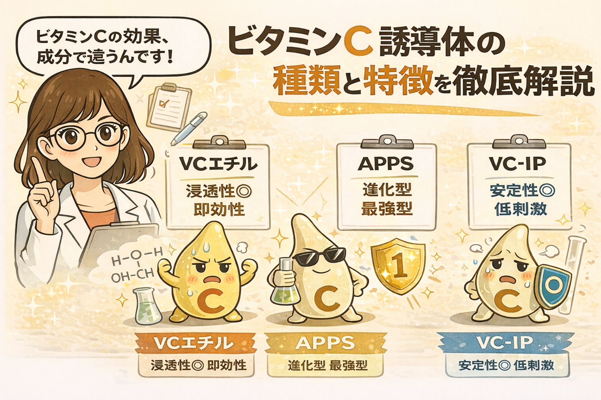 ビタミンC誘導体の種類と特徴を解説するイラスト。白衣を着た女性が解説役となり、VCエチル（浸透性・即効性）、APPS（進化型・高い効果）、VC-IP（安定性・低刺激）を、それぞれ擬人化キャラクターとアイコンで比較しながら分かりやすく紹介している。