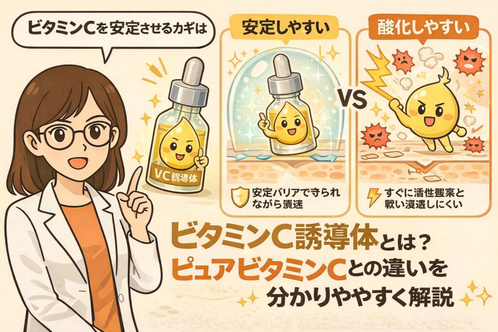 ビタミンCを安定させる仕組みを解説するイラスト。白衣の女性が解説役となり、ビタミンC誘導体とピュアビタミンCを比較し、安定しやすく肌に届けやすい特徴と、酸化しやすく不安定な性質の違いを、擬人化キャラクターと断面図で分かりやすく表現している。