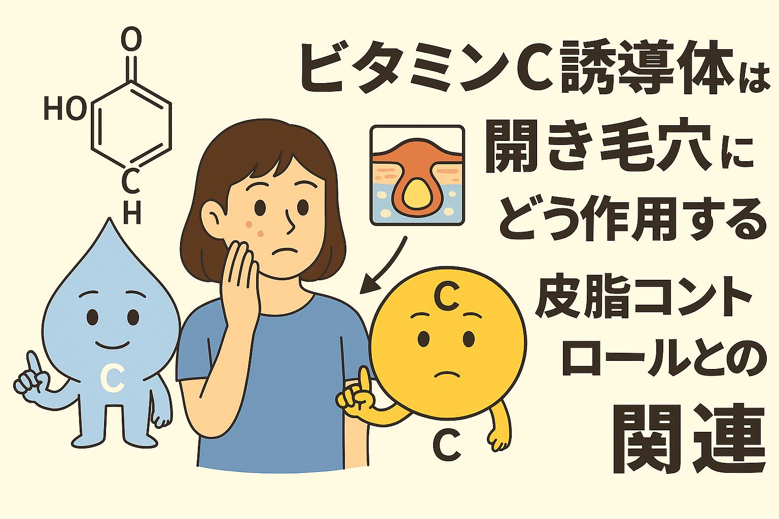 「ビタミンC誘導体は開き毛穴にどう作用する？皮脂コントロールとの関連」をテーマにしたイラスト。女性が毛穴の開きを気にして頬に手を当てている。横には水色のビタミンC誘導体キャラクターと黄色のビタミンCキャラクターが描かれ、毛穴の断面図も添えられている。右側に大きな日本語タイトルが配置され、背景は淡いベージュ。