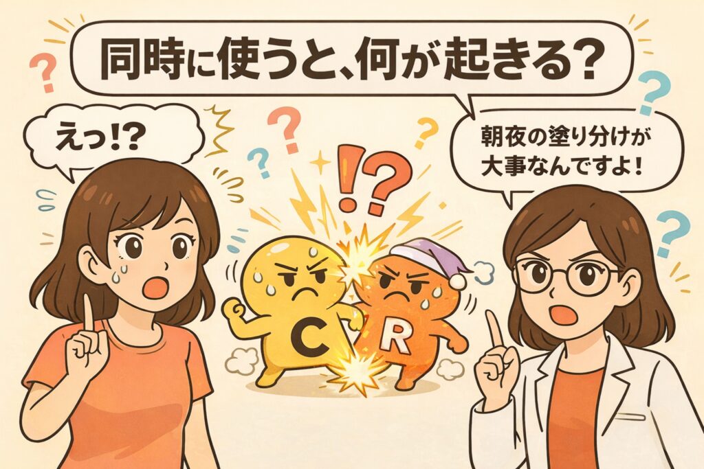 ビタミンCとレチノールを同時に使ったときに何が起こるかを表現した図解イラスト。中央では、ビタミンC（C）とレチノール（R）の擬人化キャラクターがぶつかり合い、稲妻や驚きの記号で刺激や衝突を象徴している。左側には驚いた表情の女性が「えっ!?」と反応し、右側には白衣を着た専門家の女性が指を立てながら「朝夜の塗り分けが大事なんですよ！」と解説している。同時使用による刺激リスクと、時間帯で使い分ける重要性を直感的に伝える構成になっている。