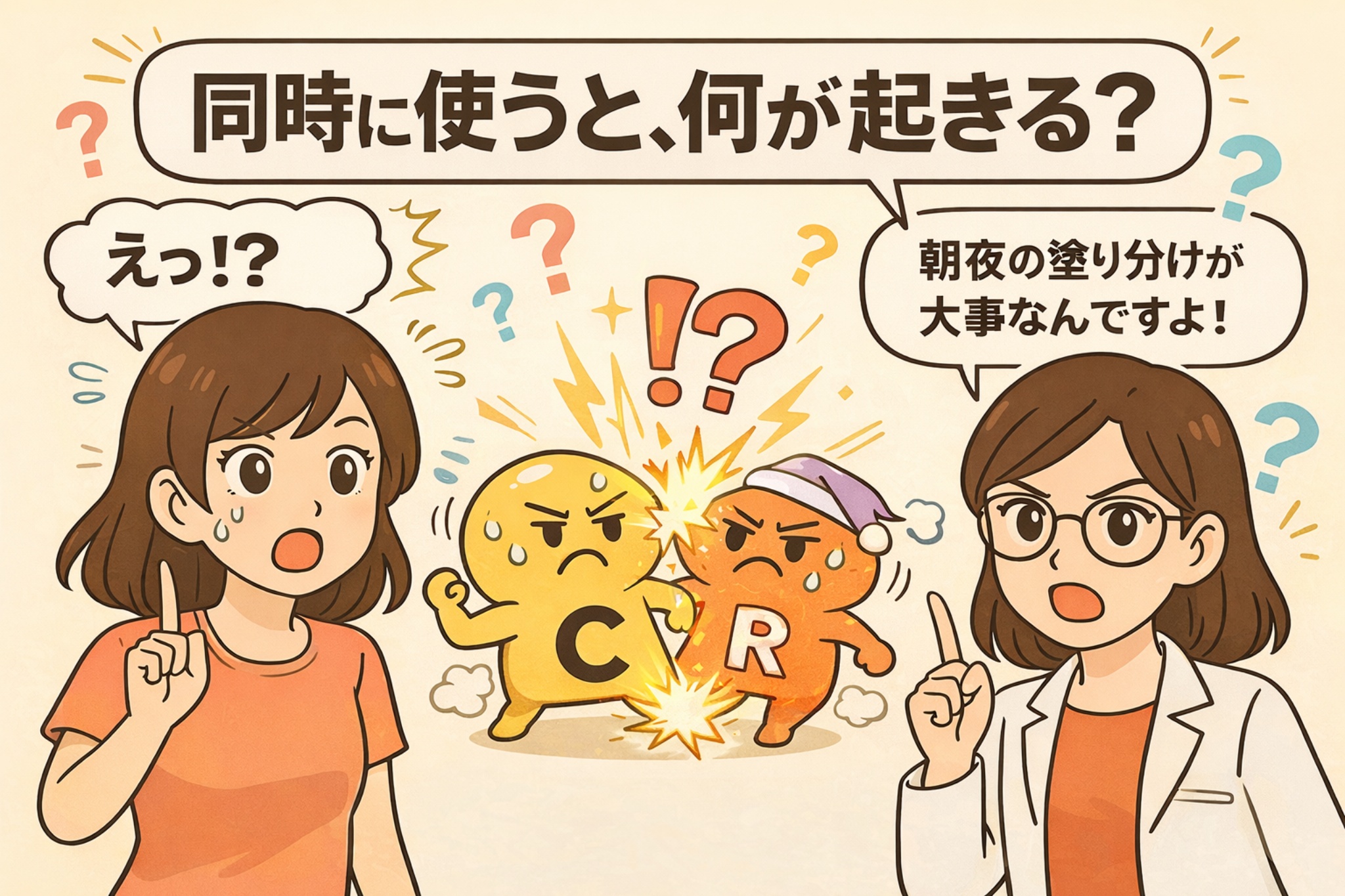 ビタミンCとレチノールを同時に使ったときに何が起こるかを表現した図解イラスト。中央では、ビタミンC（C）とレチノール（R）の擬人化キャラクターがぶつかり合い、稲妻や驚きの記号で刺激や衝突を象徴している。左側には驚いた表情の女性が「えっ!?」と反応し、右側には白衣を着た専門家の女性が指を立てながら「朝夜の塗り分けが大事なんですよ！」と解説している。同時使用による刺激リスクと、時間帯で使い分ける重要性を直感的に伝える構成になっている。