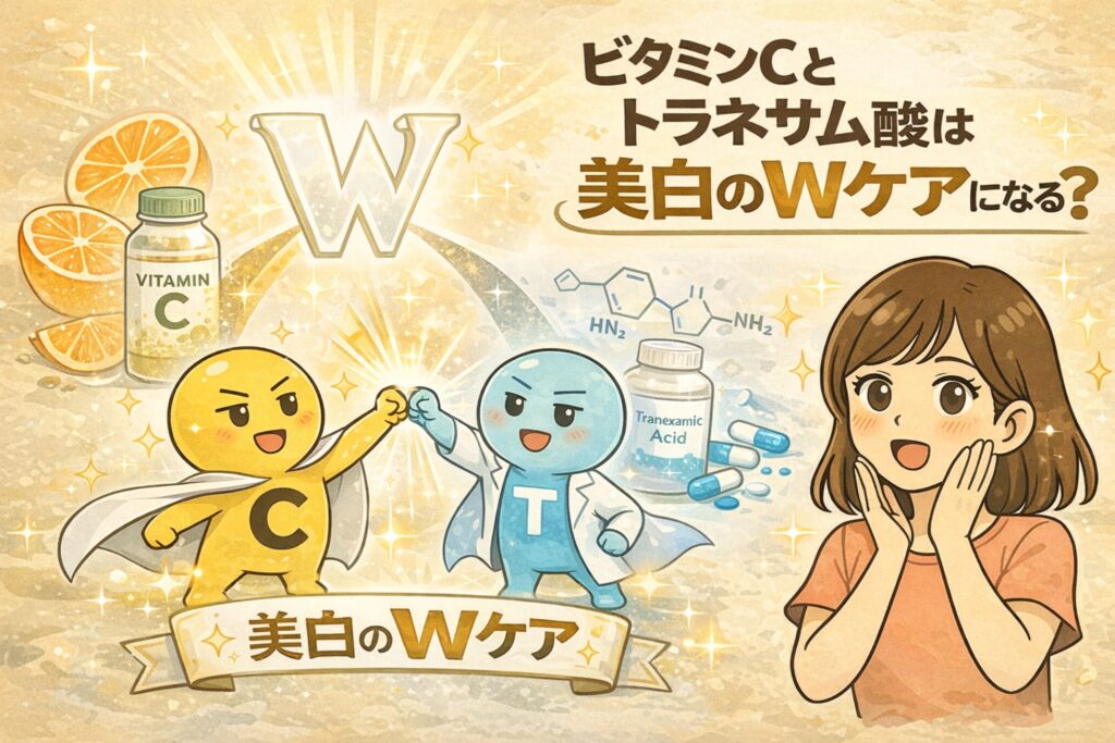 ビタミンCとトラネキサム酸を組み合わせた美白のWケア効果を解説したイラスト。ビタミンCとトラネキサム酸を擬人化したキャラクターが協力し合い、シミやくすみにアプローチする様子を表現。美白ケアにおけるそれぞれの役割と、併用による相乗効果をわかりやすく示している。