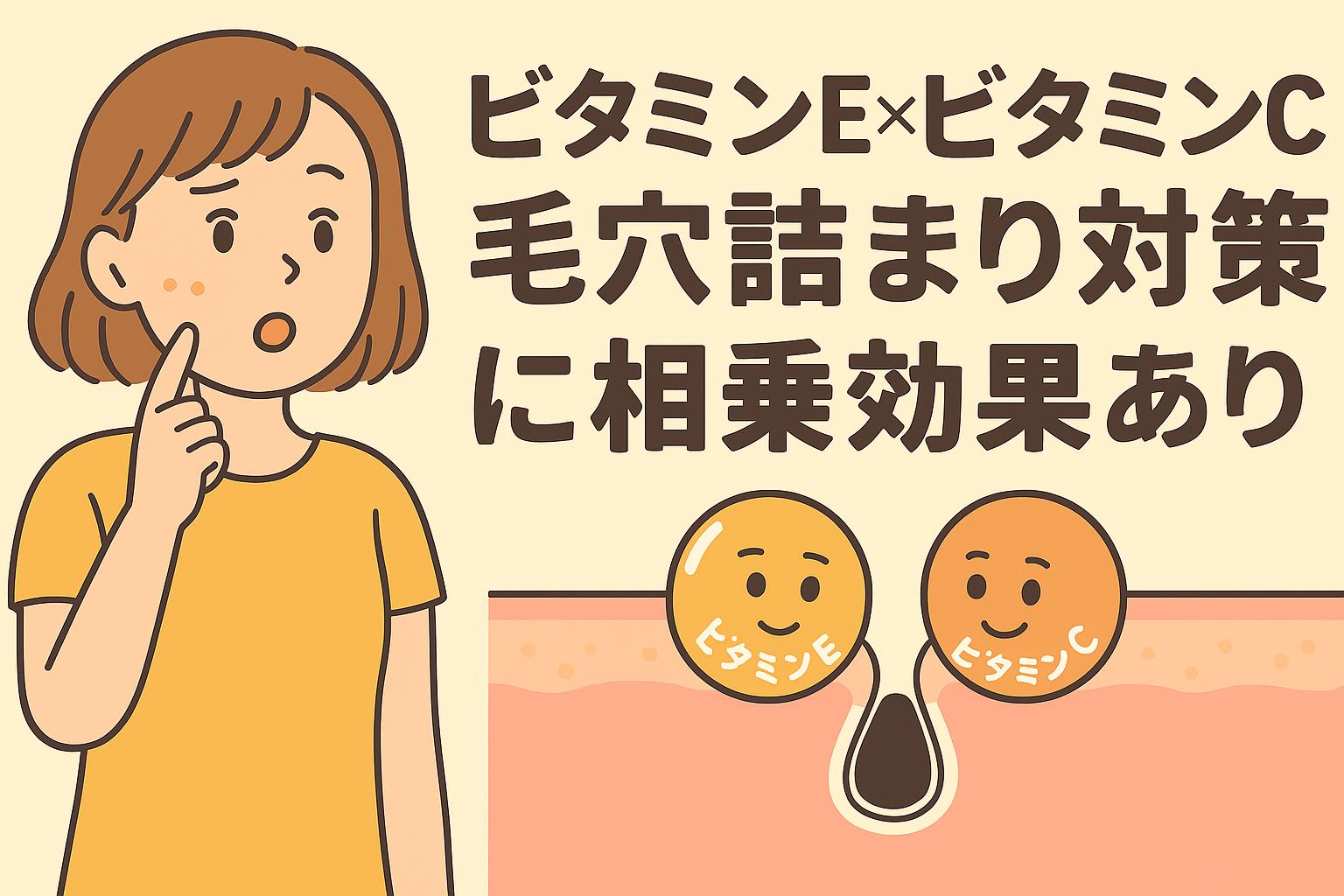 「ビタミンEとビタミンCが擬人化され、毛穴詰まりの断面図と並んで描かれたイラスト。女性が頬を押さえて毛穴対策について考えているシーン」
