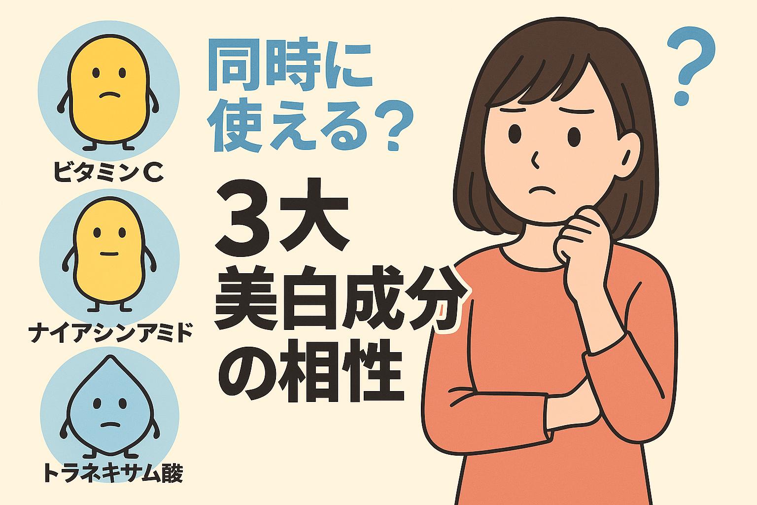 ビタミンC・ナイアシンアミド・トラネキサム酸を同時に使えるか悩む女性。3成分がキャラクター化され、「3大美白成分の相性」を問いかけるフラットな日本漫画風イラスト。