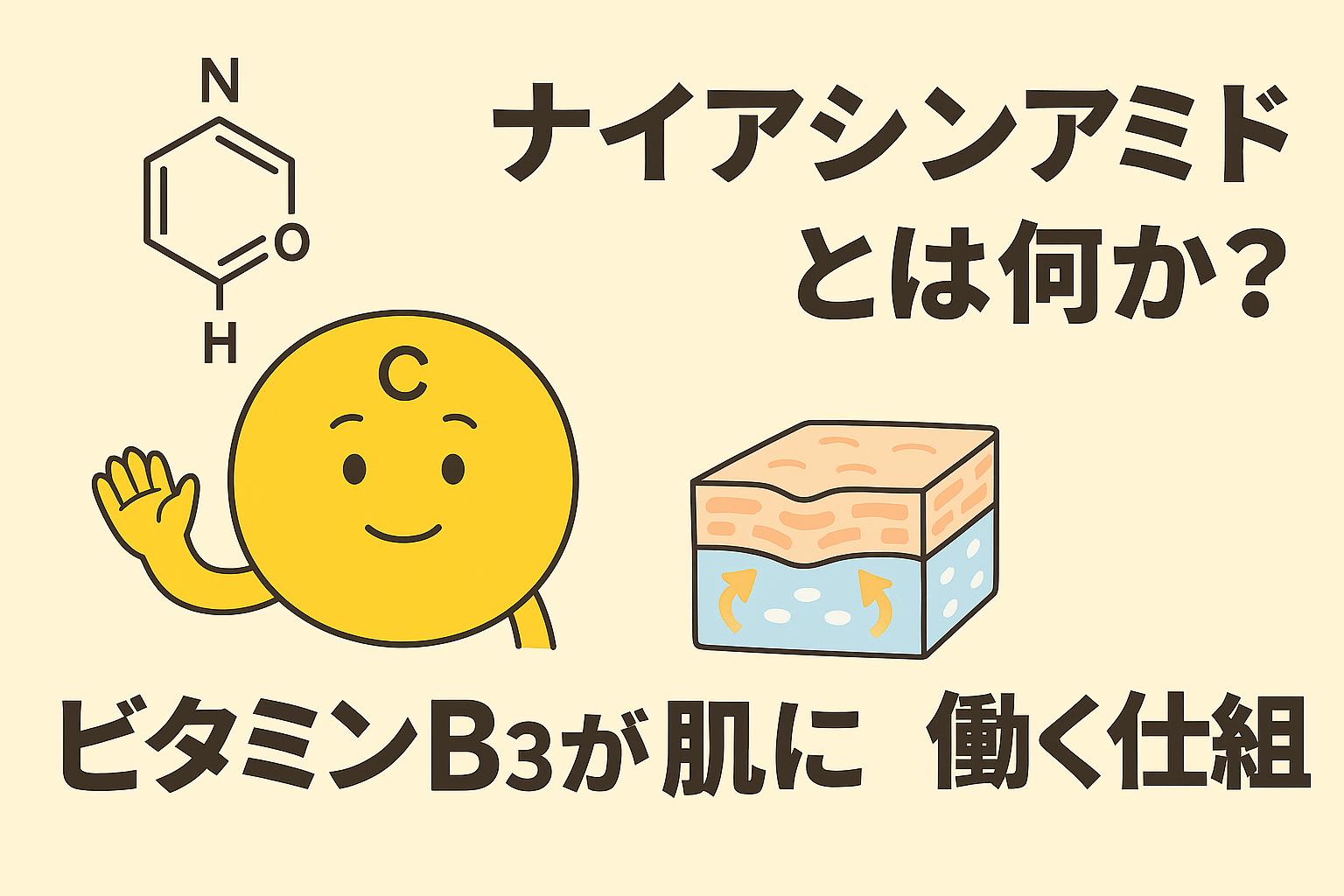 「ナイアシンアミドとは何か？ビタミンB3が肌に働く仕組み」をテーマにしたイラスト。黄色いナイアシンアミドのキャラクターが笑顔で手を振り、隣には肌の断面図が描かれている。右側には太字の日本語タイトルが配置され、背景は淡いベージュ。SEOキーワードはナイアシンアミド、ビタミンB3、肌、仕組み。