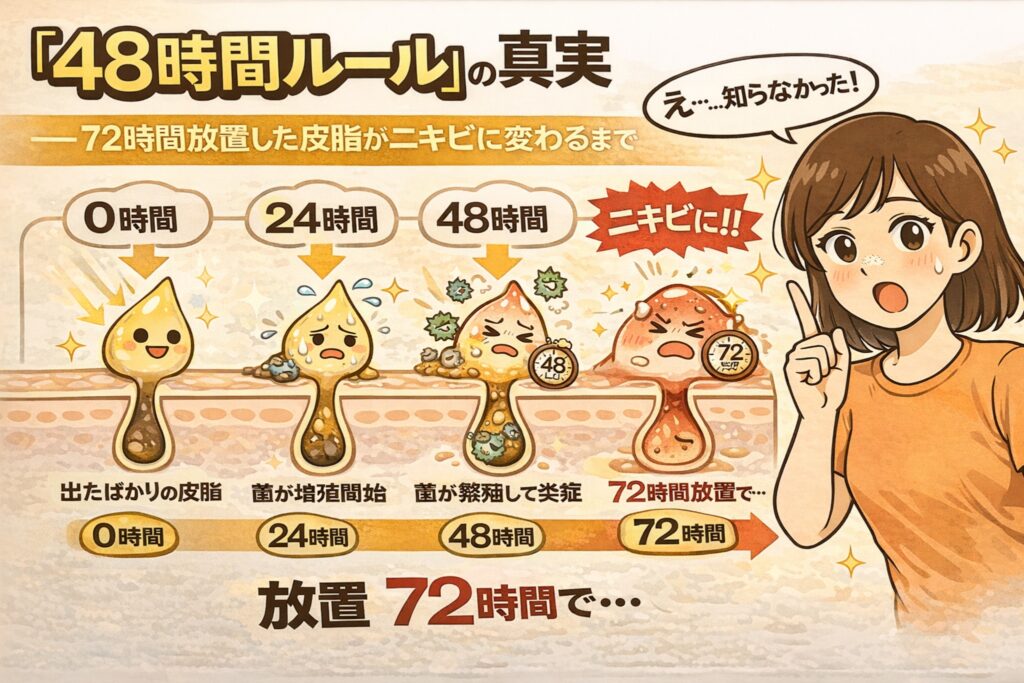 「48時間ルール」の真実を解説するイラスト。皮脂が分泌された直後（0時間）から、24時間で菌が増殖し、48時間で炎症が進み、72時間放置するとニキビに変化するまでの過程を、毛穴断面図と擬人化キャラクターで時系列に表現。皮脂を放置する時間がニキビ発生に直結することを分かりやすく示している。