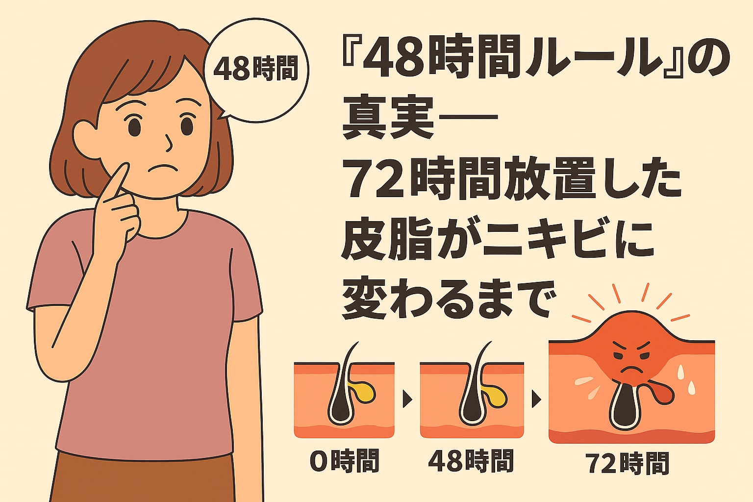 頬を触りながら「48時間」とつぶやく女性のイラスト。右側には「『48時間ルール』の真実──72時間放置した皮脂がニキビに変わるまで」と書かれ、毛穴断面図で0時間→48時間→72時間の経過を示し、皮脂が酸化して炎症に変化する様子を矢印で描いている。