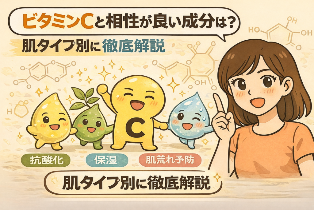 ビタミンCと相性の良い成分を肌タイプ別に解説したイラスト。抗酸化、保湿、肌荒れ予防といった役割を持つ成分がビタミンCと並ぶ構図で描かれ、肌タイプに合わせた組み合わせの考え方をキャラクターと図解でわかりやすく示している。