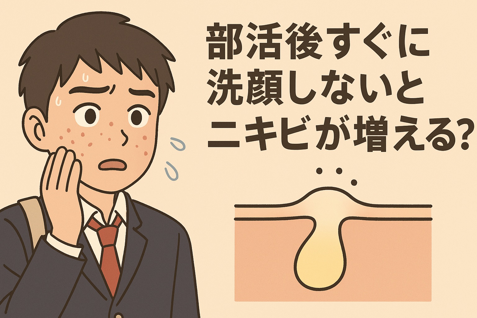 部活後のスキンケアをテーマにしたイラスト。汗をかいた男子高校生が頬のニキビを気にしている。右側には毛穴の中に皮脂が詰まって膨らんだ断面図が描かれ、「部活後すぐに洗顔しないとニキビが増える？」というテキストが配置されている。