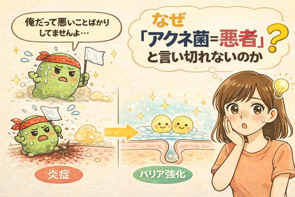 アクネ菌が必ずしも悪者ではない理由を解説したイラスト。炎症を起こす場合と、皮膚バリアを支える常在菌として働く場合の違いを、擬人化したアクネ菌キャラクターと毛穴断面、考える女性の表情で示している。