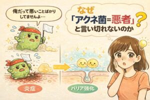 アクネ菌が必ずしも悪者ではない理由を解説したイラスト。炎症を起こす場合と、皮膚バリアを支える常在菌として働く場合の違いを、擬人化したアクネ菌キャラクターと毛穴断面、考える女性の表情で示している。