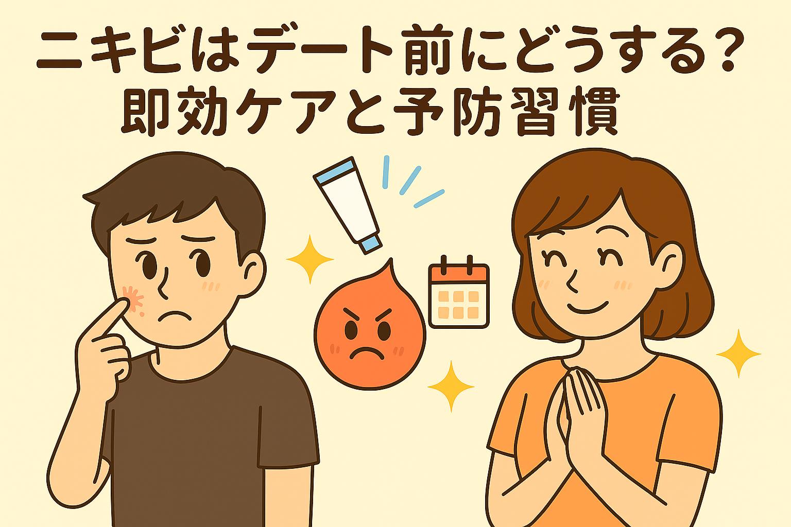 デート前のニキビ対策をテーマにしたイラスト。男性が頬のニキビを気にして触っている様子と、女性が笑顔で清潔感ある肌を見せている姿。中央には怒った表情のニキビキャラとスポッツケア用チューブ、カレンダーのアイコンが配置され、「ニキビはデート前にどうする？即効ケアと予防習慣」という日本語タイトル入りの記事用アイキャッチ。