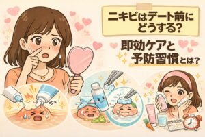 デート前にできたニキビを鏡で気にして焦る女性と、ニキビの即効ケア（塗り薬・冷却）と予防習慣（洗顔・スキンケア・生活リズム）をイラストで分かりやすく解説した図解イメージ