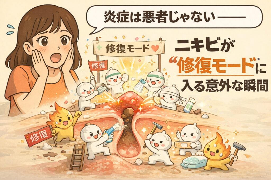ニキビの炎症は悪者ではなく「修復モード」に入っている状態であることを解説するイラスト。頬に手を当てて驚く女性の前で、毛穴断面の中では小さなキャラクターたちが修復作業を行い、「修復モード」と書かれたゲートが立っている。炎症キャラクターと修復キャラクターが共存し、ニキビが治る過程の意外な瞬間をやさしく表現している。