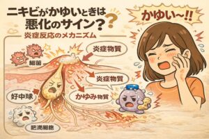 ニキビがかゆいときの炎症メカニズムを解説した図解イラスト。細菌の増殖によって炎症物質やかゆみ物質が放出され、好中球や肥満細胞が関与してかゆみ・赤みが強まる過程を、毛穴断面図と擬人化キャラクターで分かりやすく示している。