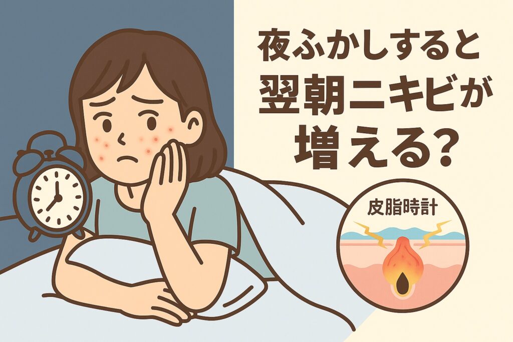 夜更かしによるニキビ悪化をテーマにしたイラスト。布団の中で頬のニキビを気にする女性が、枕元の目覚まし時計を見つめている。右側の毛穴断面図には「皮脂時計」と書かれ、睡眠不足によって皮脂バランスが乱れ、炎症を起こす様子が描かれている。テキストには「夜ふかしすると翌朝ニキビが増える？」と記載されている。