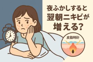 夜更かしによるニキビ悪化をテーマにしたイラスト。布団の中で頬のニキビを気にする女性が、枕元の目覚まし時計を見つめている。右側の毛穴断面図には「皮脂時計」と書かれ、睡眠不足によって皮脂バランスが乱れ、炎症を起こす様子が描かれている。テキストには「夜ふかしすると翌朝ニキビが増える?」と記載されている。