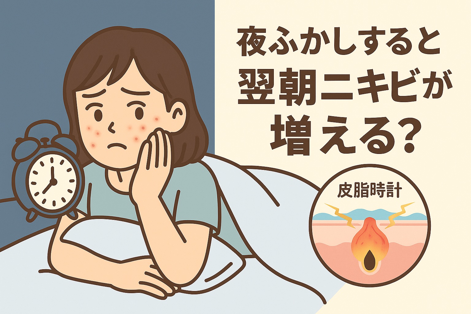 夜更かしによるニキビ悪化をテーマにしたイラスト。布団の中で頬のニキビを気にする女性が、枕元の目覚まし時計を見つめている。右側の毛穴断面図には「皮脂時計」と書かれ、睡眠不足によって皮脂バランスが乱れ、炎症を起こす様子が描かれている。テキストには「夜ふかしすると翌朝ニキビが増える?」と記載されている。