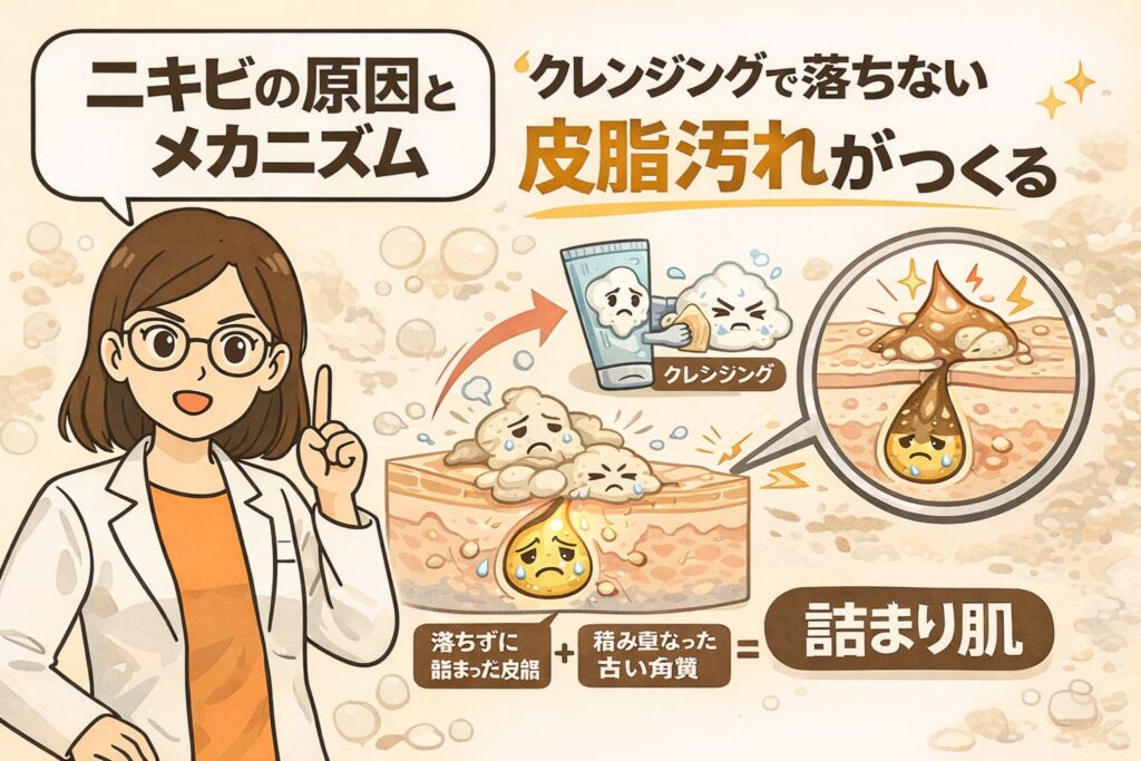 ニキビの原因とメカニズムを解説する図解イラスト。クレンジングでは落としきれない皮脂汚れが毛穴に残り、古い角質と混ざって詰まり肌を引き起こす過程を、毛穴断面と擬人化キャラクターで表現している。白衣の女性が指差しで説明し、「落ちずに詰まった皮脂＋溜まった角質＝詰まり肌」という構造を視覚的に示している。