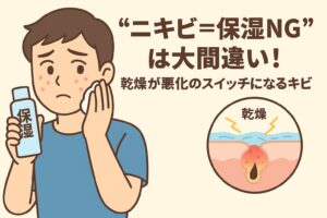 「ニキビ＝保湿NG」は誤りであることをテーマにしたイラスト。ニキビに悩む男性が保湿ローションを手に取り、顔に塗りながら心配そうにしている。右側の毛穴断面図には「乾燥」と書かれ、乾燥によって炎症が悪化する様子が稲妻マークで描かれている。テキストには「“ニキビ＝保湿NG”は大間違い！乾燥が悪化のスイッチになるキビ」と書かれている。