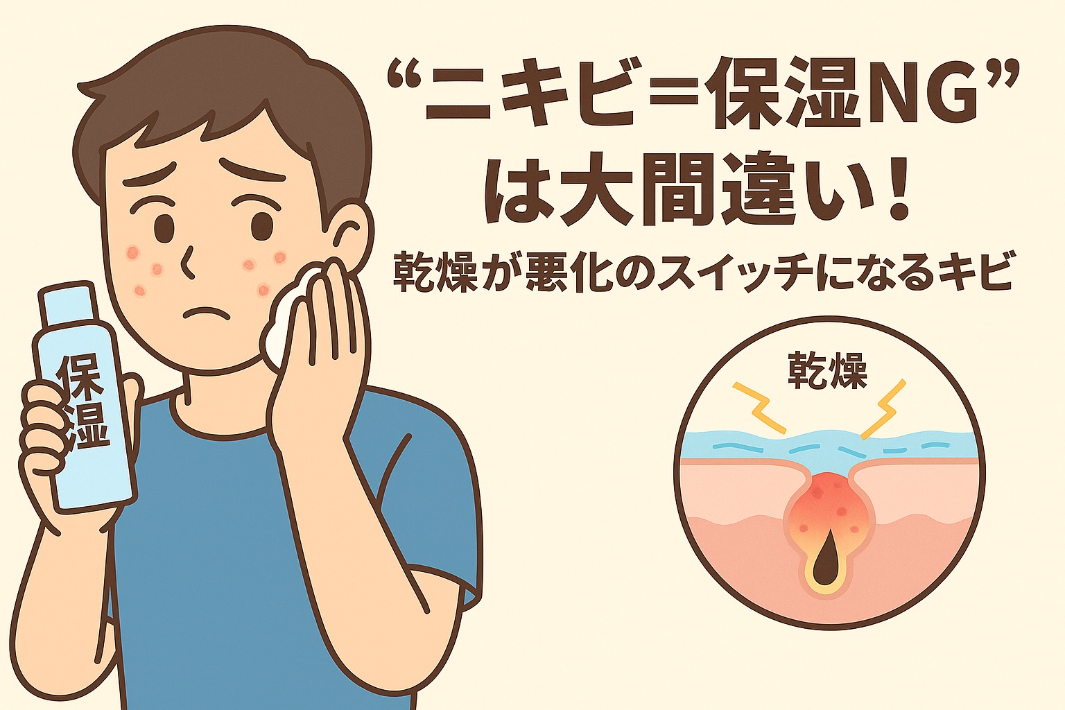 「ニキビ＝保湿NG」は誤りであることをテーマにしたイラスト。ニキビに悩む男性が保湿ローションを手に取り、顔に塗りながら心配そうにしている。右側の毛穴断面図には「乾燥」と書かれ、乾燥によって炎症が悪化する様子が稲妻マークで描かれている。テキストには「“ニキビ＝保湿NG”は大間違い！乾燥が悪化のスイッチになるキビ」と書かれている。