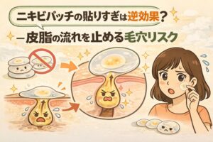 ニキビパッチの貼りすぎによる毛穴リスクを解説する図解イラスト。ニキビパッチで皮脂の出口が覆われ、皮脂の流れが止まって毛穴内部にたまる様子を断面図で表現している。右側にはニキビパッチを手に不安そうな表情の女性が描かれ、貼りすぎが逆効果になる可能性を示唆している。ニキビケアにおける毛穴構造と皮脂循環の重要性を伝えるビジュアル。
