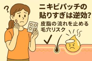ニキビパッチを貼りすぎて不安そうな女性が鏡を見ている様子。毛穴断面では皮脂キャラクターがパッチに塞がれて動けず、皮脂の流れを止めるリスクを表現した日本の2Dアニメ風イラスト。
