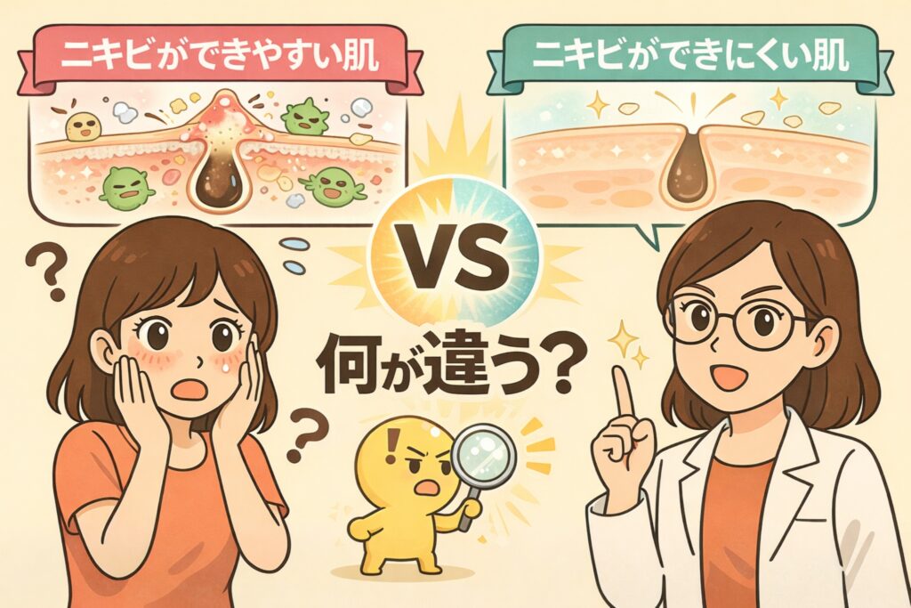 ニキビができやすい肌と、できにくい肌の違いを比較したイラスト。左は皮脂や菌が毛穴内に滞留しやすい構造、右は毛穴が詰まりにくく安定した構造を断面図で示し、悩む女性と白衣の女性による解説、拡大鏡を持つキャラクターで違いを分かりやすく表現している。