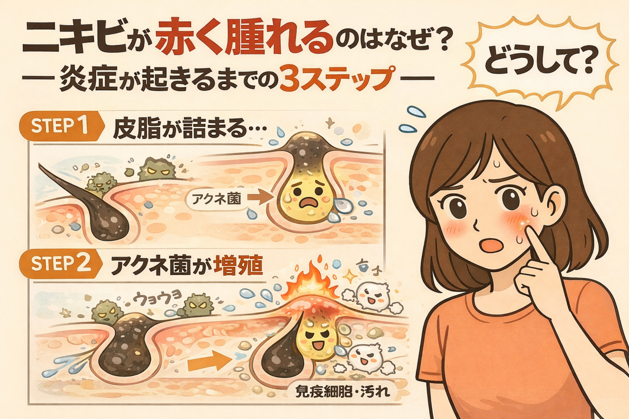 ニキビが赤く腫れる理由を、炎症が起こるまでの3ステップで解説した図解イラスト。皮脂が詰まり、アクネ菌が増殖し、免疫反応によって炎症が起きる流れを、毛穴断面と擬人化キャラクターで表現している。