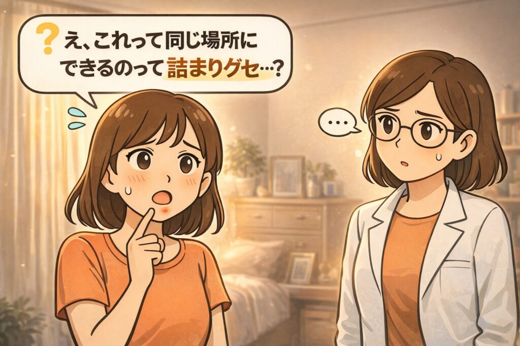 同じ場所に何度もニキビができる理由を疑問に思う女性と、白衣で眼鏡の女性が言葉に詰まりながら考えるイラスト。頬を指さして「同じ場所にできるのって詰まりグセ？」と問いかける構図で、毛穴の詰まりやすさが習慣化している可能性を示唆するアイキャッチ。
